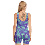 Teal Palm Tree Pattern Print Sleeveless One Piece Swimsuit