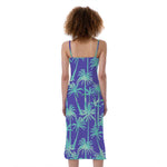Teal Palm Tree Pattern Print Slim Fit Midi Cami Dress