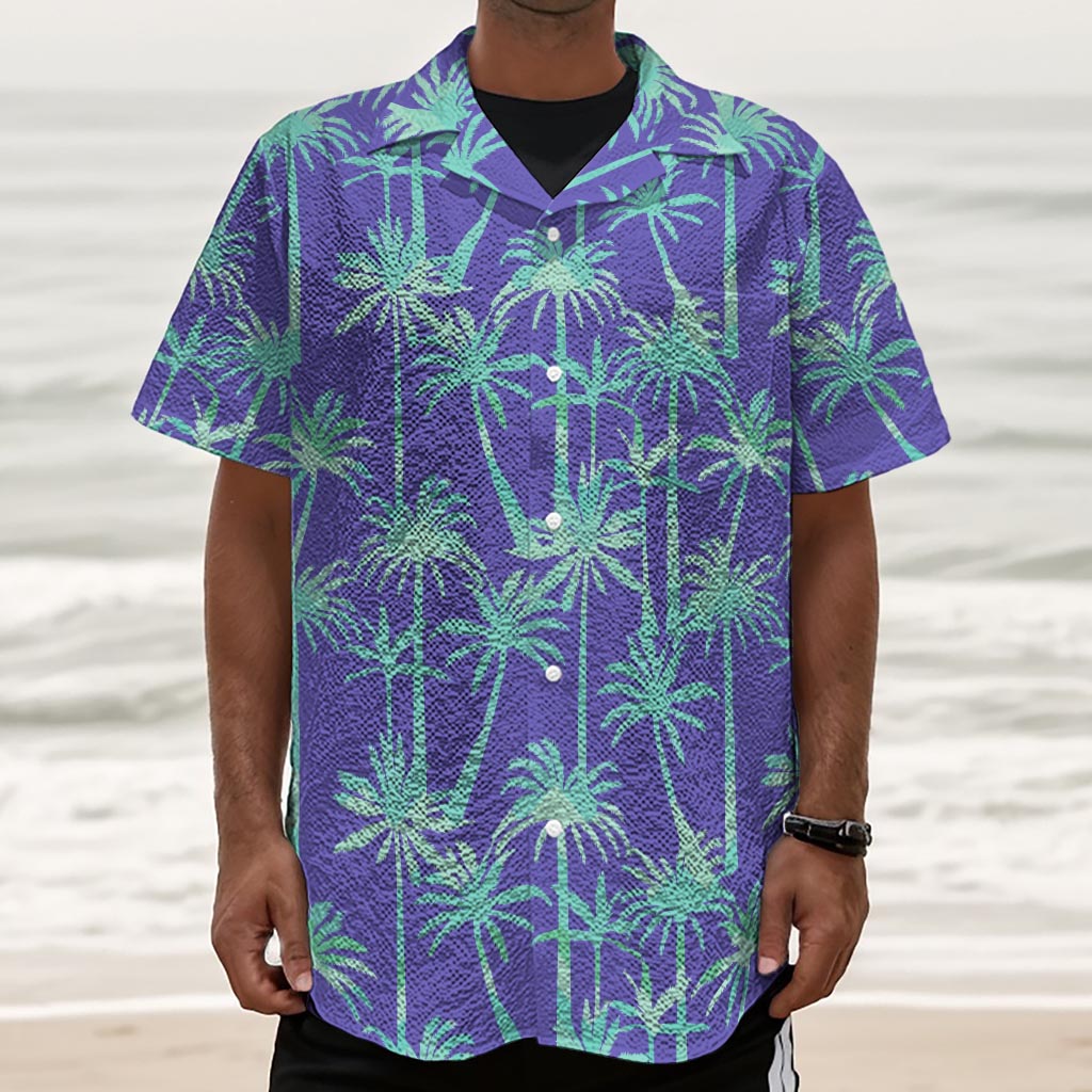 Teal Palm Tree Pattern Print Textured Short Sleeve Shirt