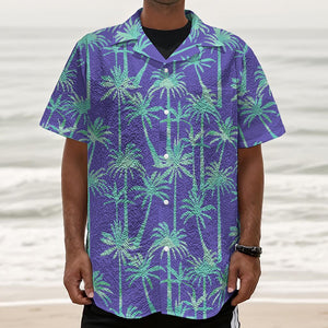 Teal Palm Tree Pattern Print Textured Short Sleeve Shirt