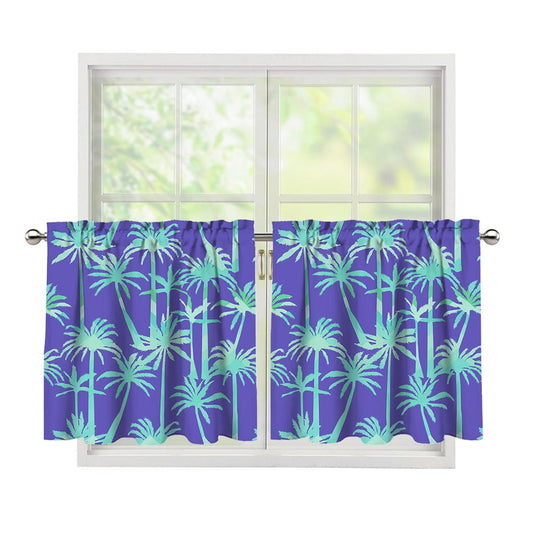 Teal Palm Tree Pattern Print Tier Curtains
