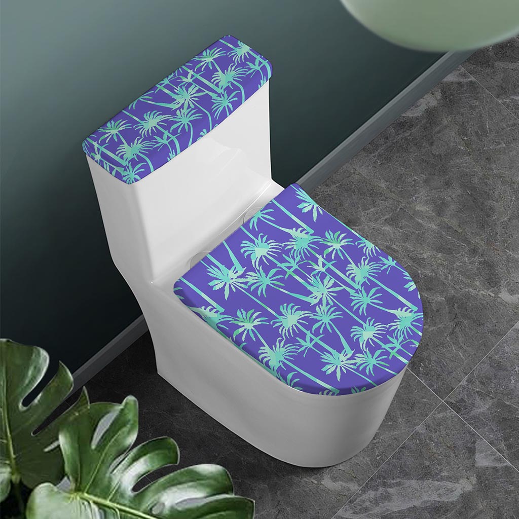 Teal Palm Tree Pattern Print Toilet Lid And Tank Cover Set