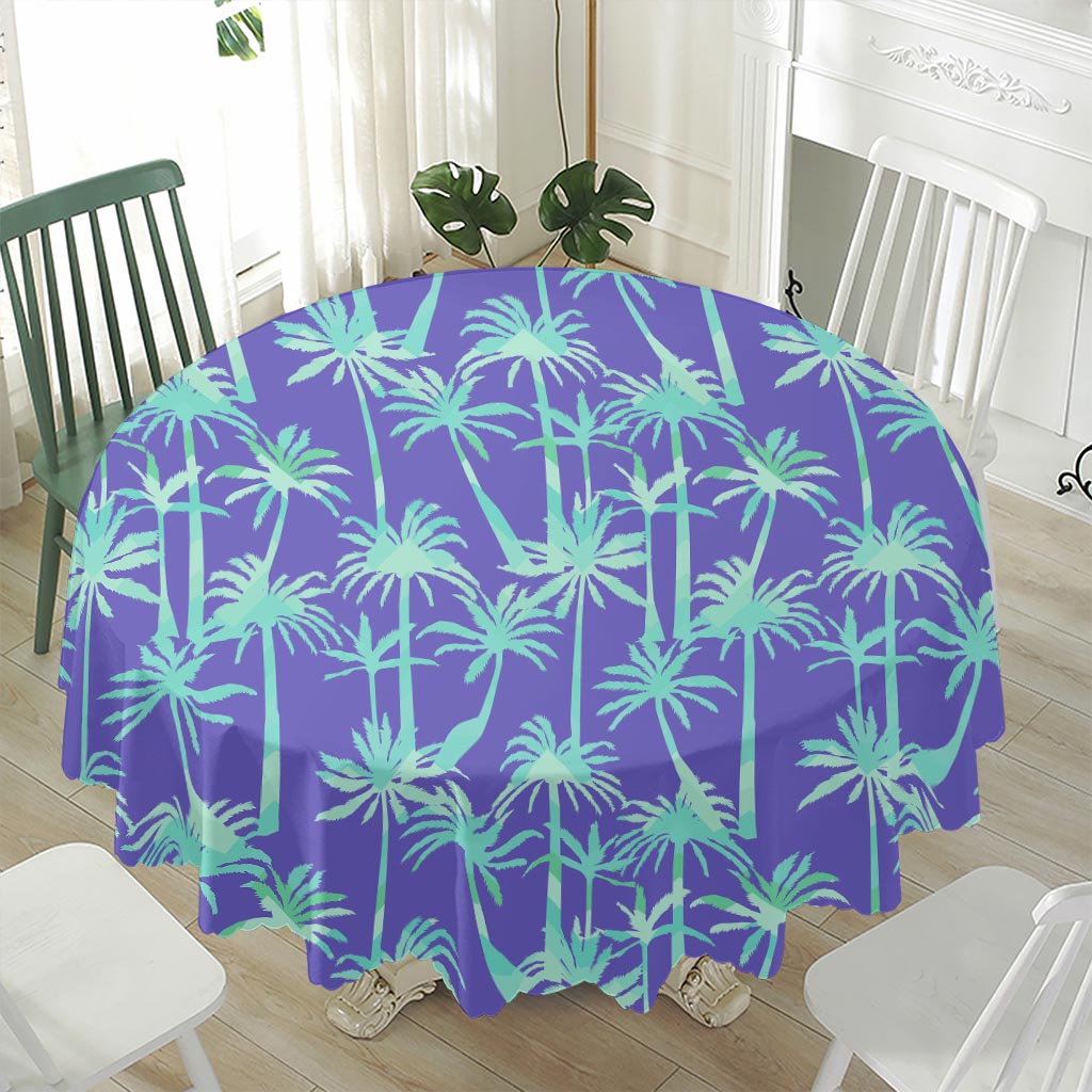 Teal Palm Tree Pattern Print Waterproof Round Tablecloth