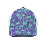 Teal Palm Tree Pattern Print White Mesh Trucker Cap
