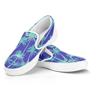 Teal Palm Tree Pattern Print White Slip On Sneakers