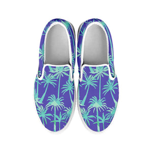 Teal Palm Tree Pattern Print White Slip On Sneakers