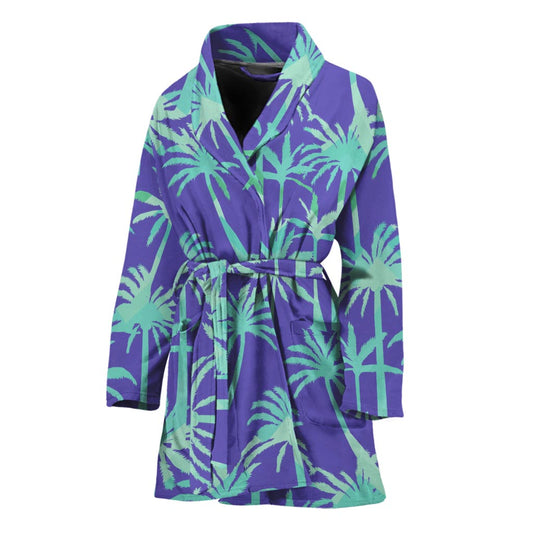 Teal Palm Tree Pattern Print Women's Bathrobe