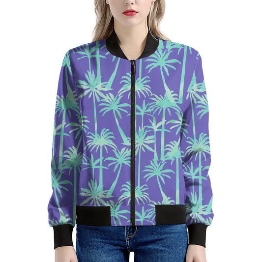 Teal Palm Tree Pattern Print Women's Bomber Jacket