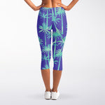 Teal Palm Tree Pattern Print Women's Capri Leggings