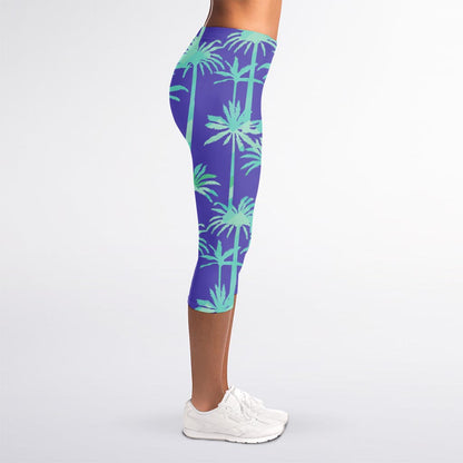 Teal Palm Tree Pattern Print Women's Capri Leggings
