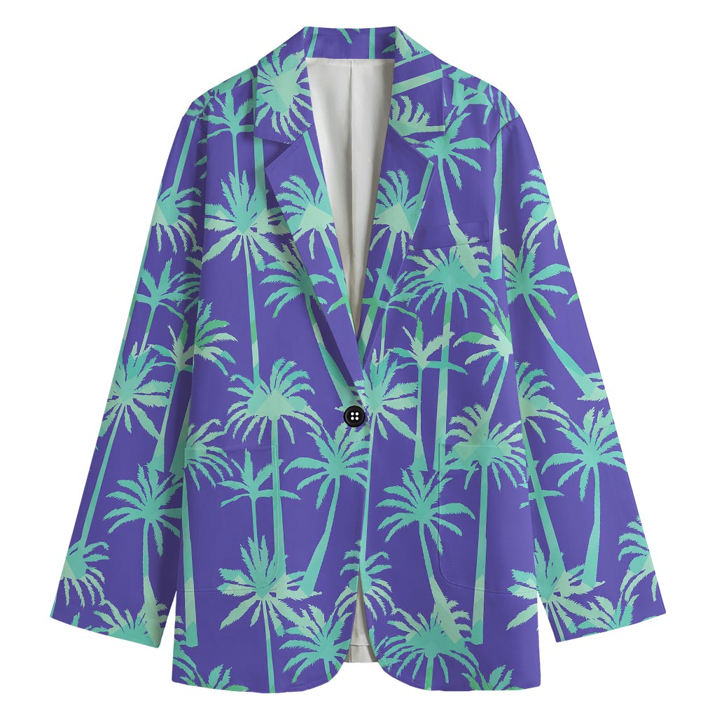 Teal Palm Tree Pattern Print Women's Cotton Blazer