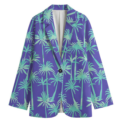 Teal Palm Tree Pattern Print Women's Cotton Blazer