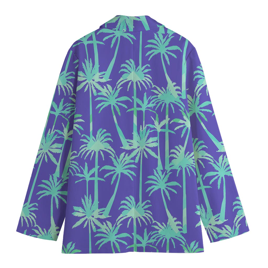 Teal Palm Tree Pattern Print Women's Cotton Blazer