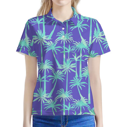 Teal Palm Tree Pattern Print Women's Polo Shirt