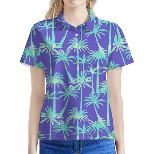 Teal Palm Tree Pattern Print Women's Polo Shirt