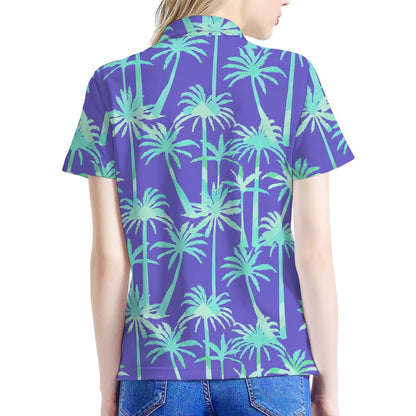 Teal Palm Tree Pattern Print Women's Polo Shirt