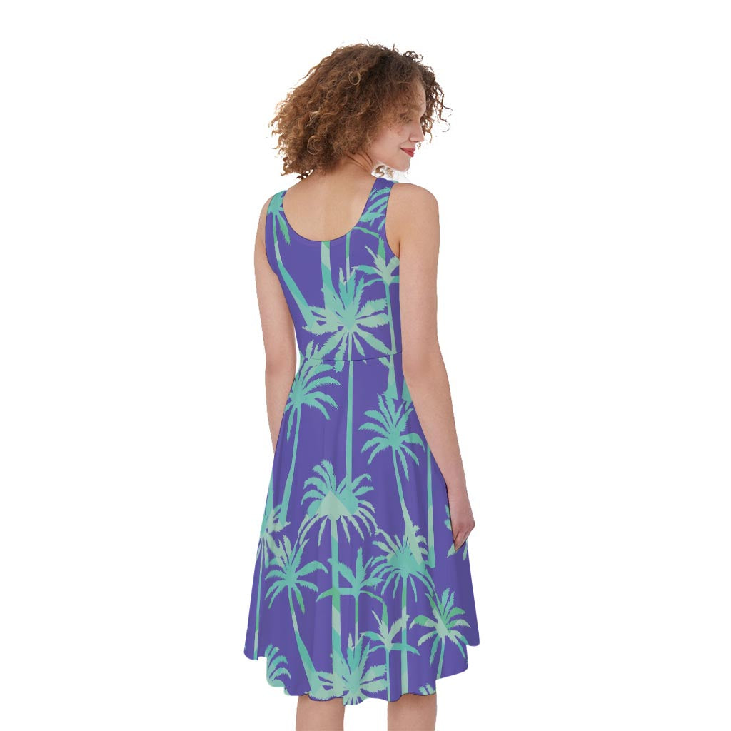 Teal Palm Tree Pattern Print Women's Sleeveless Dress