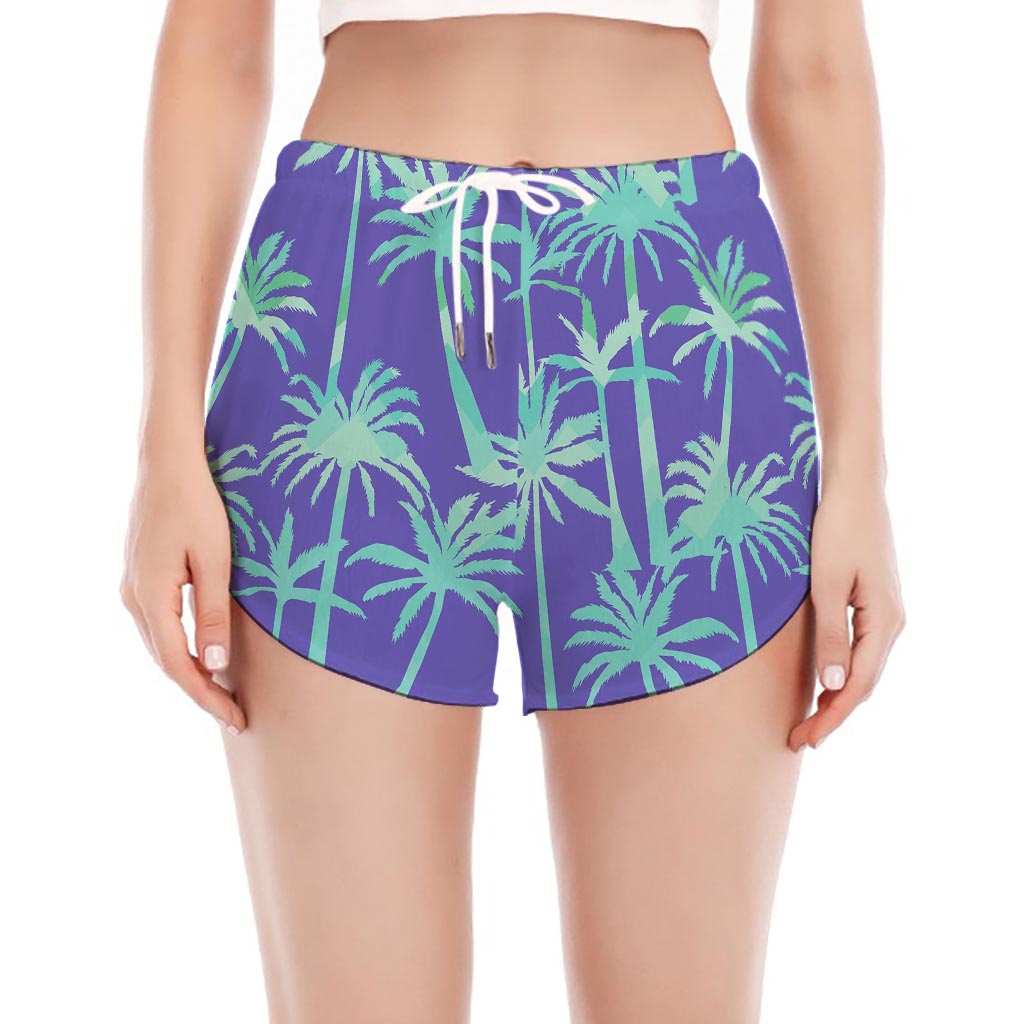 Teal Palm Tree Pattern Print Women's Split Running Shorts