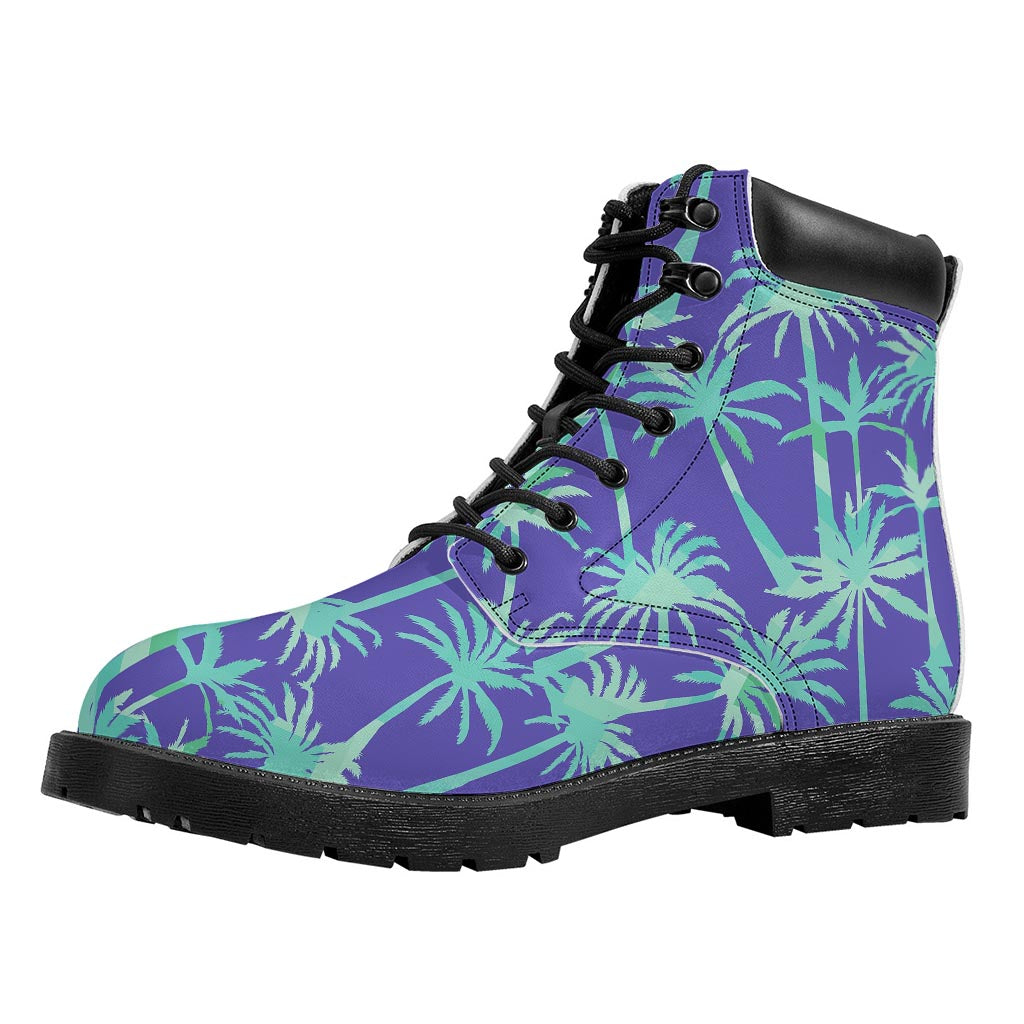 Teal Palm Tree Pattern Print Work Boots