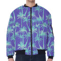 Teal Palm Tree Pattern Print Zip Sleeve Bomber Jacket
