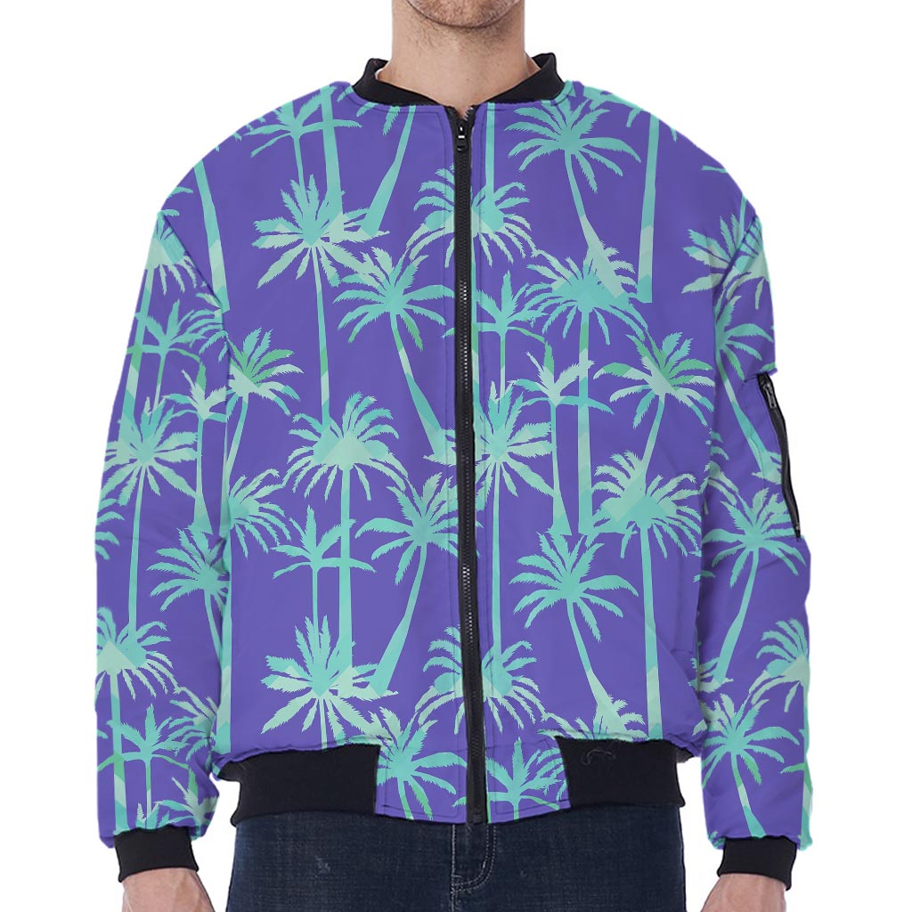 Teal Palm Tree Pattern Print Zip Sleeve Bomber Jacket