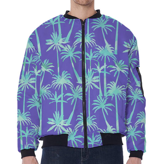 Teal Palm Tree Pattern Print Zip Sleeve Bomber Jacket