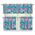 Teal Pink Blossom Tropical Pattern Print 3 Piece Kitchen Curtains