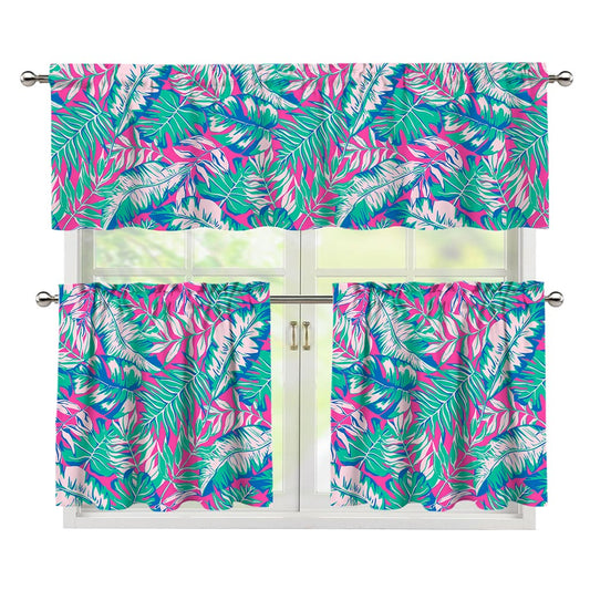 Teal Pink Blossom Tropical Pattern Print 3 Piece Kitchen Curtains