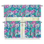Teal Pink Blossom Tropical Pattern Print 3 Piece Kitchen Curtains