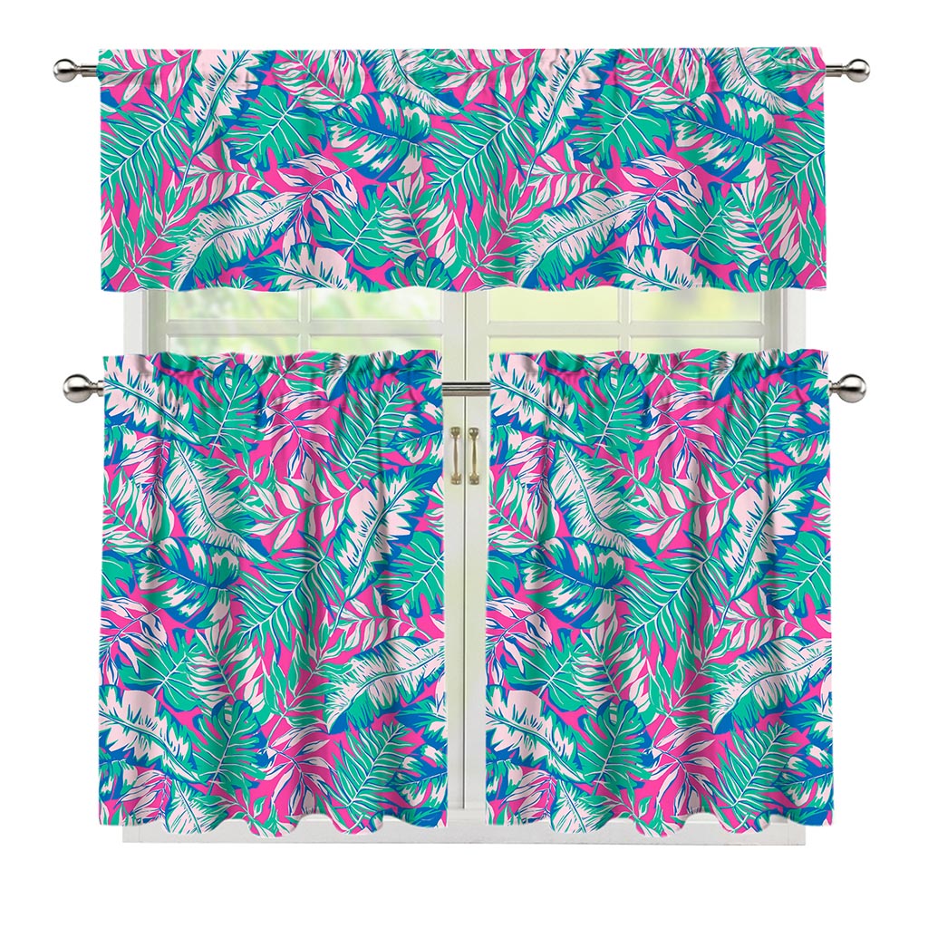 Teal Pink Blossom Tropical Pattern Print 3 Piece Kitchen Curtains