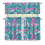 Teal Pink Blossom Tropical Pattern Print 3 Piece Kitchen Curtains