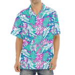 Teal Pink Blossom Tropical Pattern Print Aloha Shirt