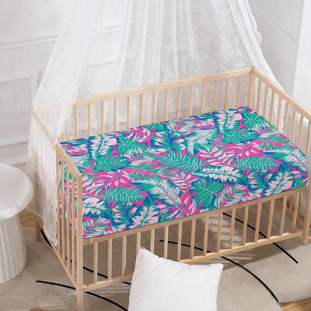 Teal Pink Blossom Tropical Pattern Print Baby Crib Sheet