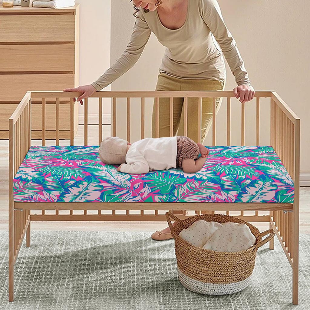 Teal Pink Blossom Tropical Pattern Print Baby Crib Sheet