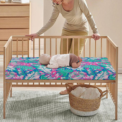 Teal Pink Blossom Tropical Pattern Print Baby Crib Sheet