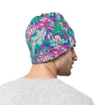 Teal Pink Blossom Tropical Pattern Print Beanie