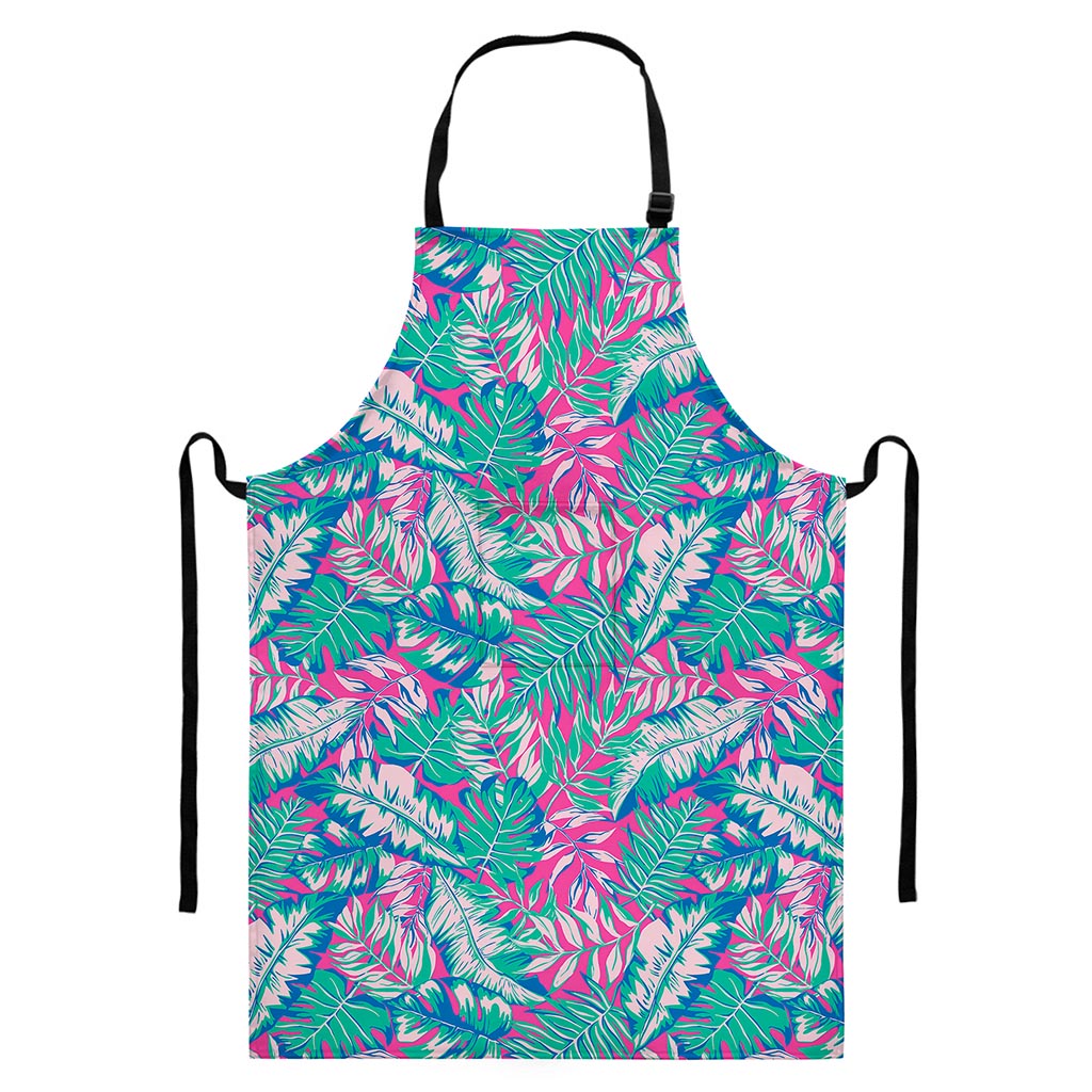 Teal Pink Blossom Tropical Pattern Print Bib Apron With Pocket