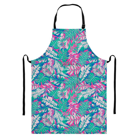 Teal Pink Blossom Tropical Pattern Print Bib Apron With Pocket