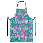 Teal Pink Blossom Tropical Pattern Print Bib Apron With Pocket