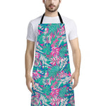 Teal Pink Blossom Tropical Pattern Print Bib Apron With Pocket
