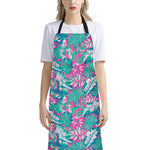 Teal Pink Blossom Tropical Pattern Print Bib Apron With Pocket