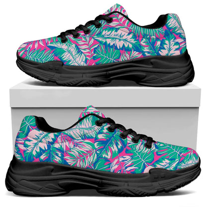 Teal Pink Blossom Tropical Pattern Print Black Chunky Shoes