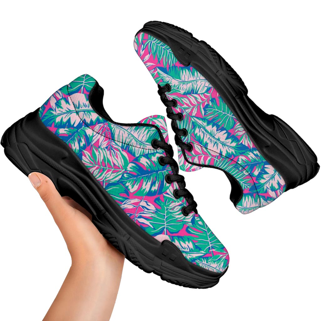 Teal Pink Blossom Tropical Pattern Print Black Chunky Shoes