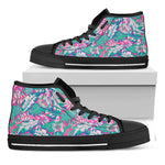Teal Pink Blossom Tropical Pattern Print Black High Top Sneakers