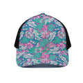 Teal Pink Blossom Tropical Pattern Print Black Mesh Trucker Hat