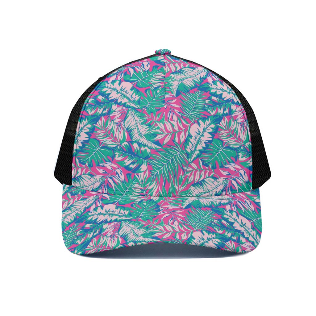 Teal Pink Blossom Tropical Pattern Print Black Mesh Trucker Cap