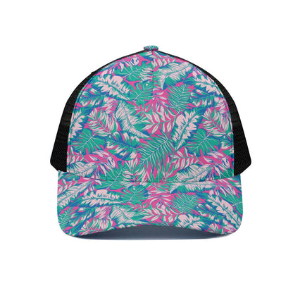 Teal Pink Blossom Tropical Pattern Print Black Mesh Trucker Cap
