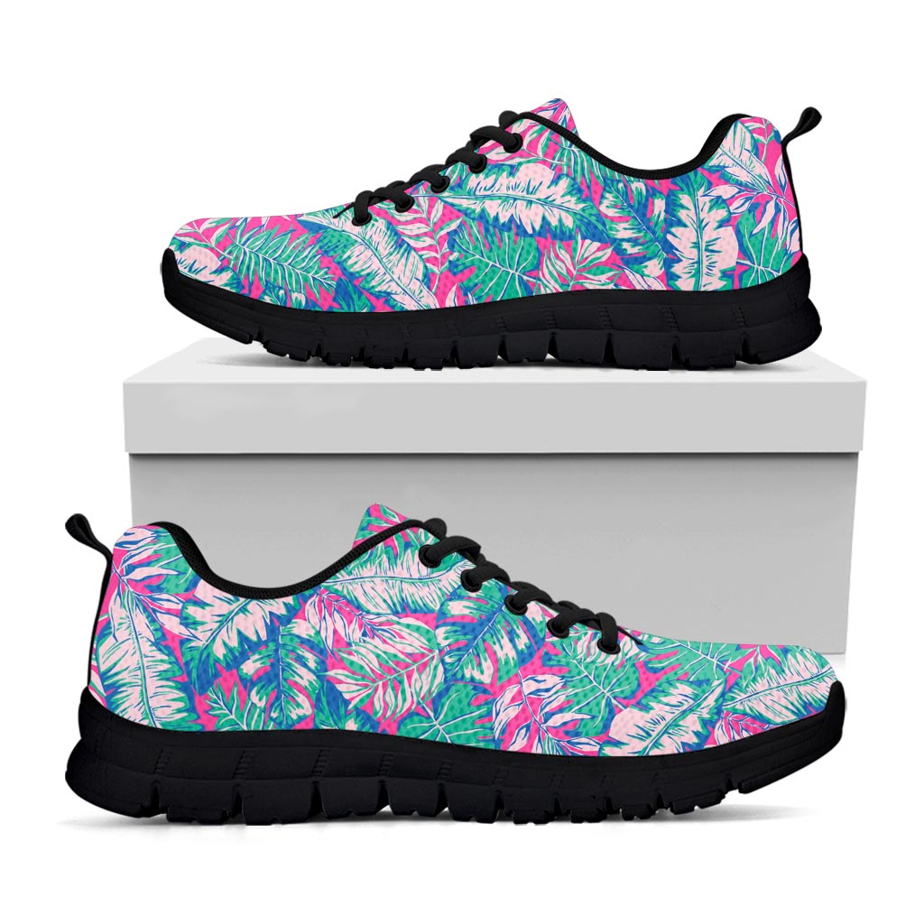 Teal Pink Blossom Tropical Pattern Print Black Running Shoes