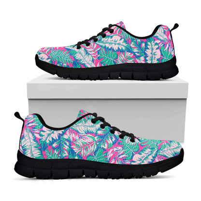 Teal Pink Blossom Tropical Pattern Print Black Running Shoes