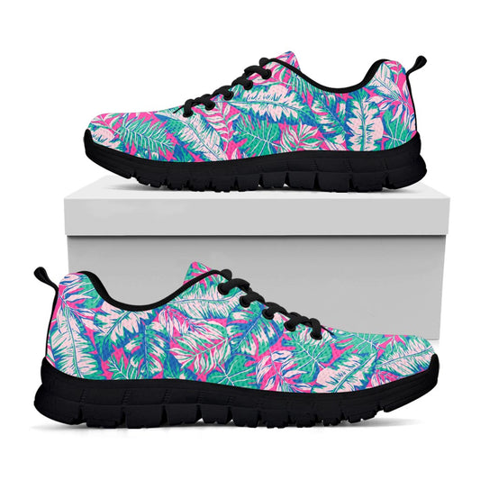 Teal Pink Blossom Tropical Pattern Print Black Running Shoes